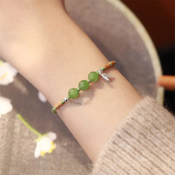 Buddha Stones 925 Sterling Silver Bamboo Leaves Hetian Jade Chalcedony Beads Blessing Braided Bracelet - BWOOOH