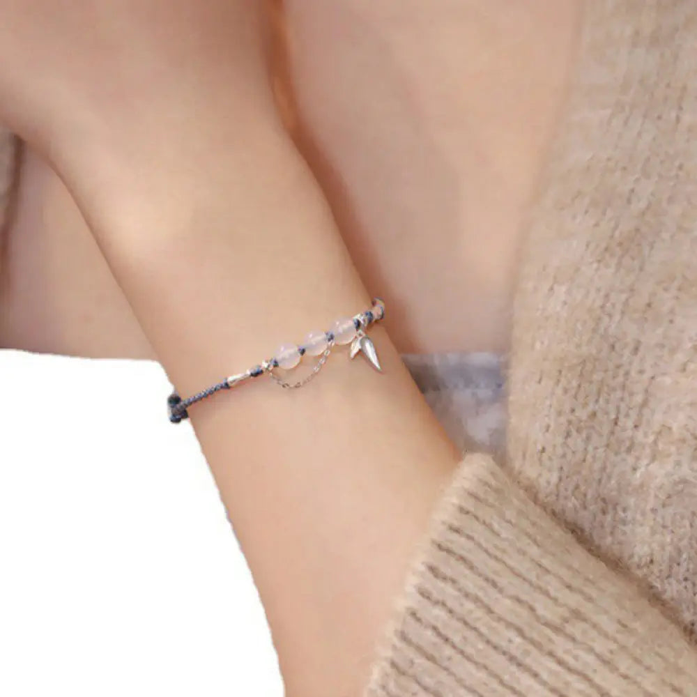Buddha Stones 925 Sterling Silver Bamboo Leaves Hetian Jade Chalcedony Beads Blessing Braided Bracelet - BWOOOH