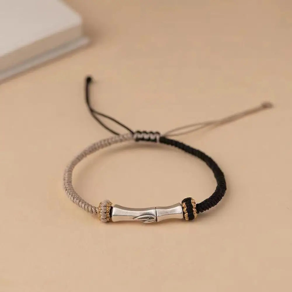 Buddha Stones 925 Sterling Silver Bamboo Protection Braided Bracelet - BWOOOH - Black(Wrist Circumference 15-18cm)