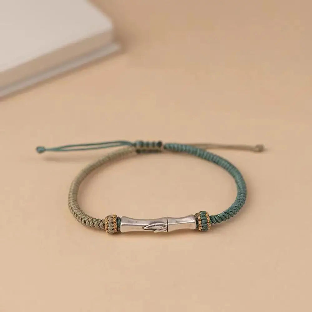Buddha Stones 925 Sterling Silver Bamboo Protection Braided Bracelet - BWOOOH - Green(Wrist Circumference 15-18cm)