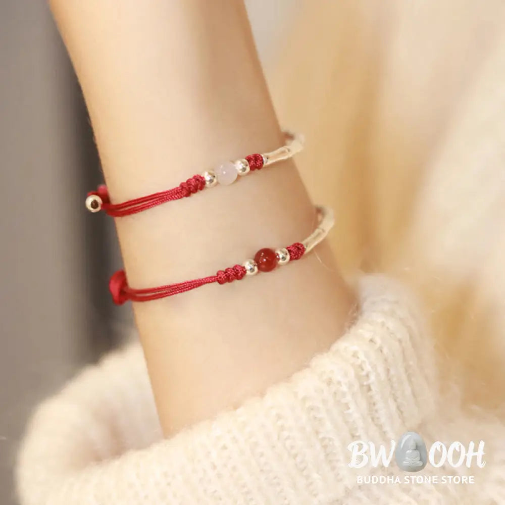 Buddha Stones 925 Sterling Silver Bamboo White Agate Red Agate Bead Protection String Braided Bracelet - BWOOOH