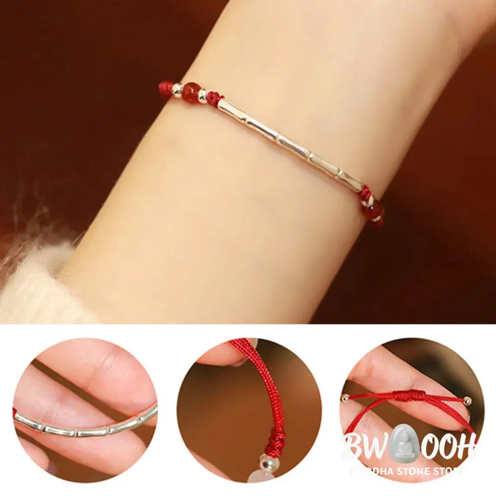 Buddha Stones 925 Sterling Silver Bamboo White Agate Red Agate Bead Protection String Braided Bracelet - BWOOOH