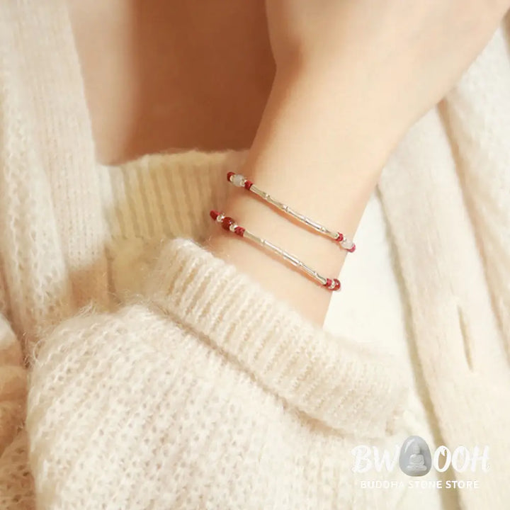 Buddha Stones 925 Sterling Silver Bamboo White Agate Red Agate Bead Protection String Braided Bracelet - BWOOOH