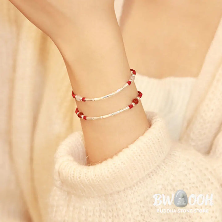 Buddha Stones 925 Sterling Silver Bamboo White Agate Red Agate Bead Protection String Braided Bracelet - BWOOOH