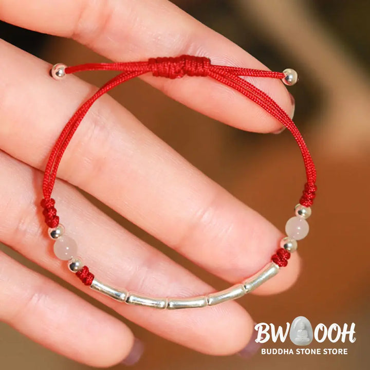 Buddha Stones 925 Sterling Silver Bamboo White Agate Red Agate Bead Protection String Braided Bracelet - BWOOOH