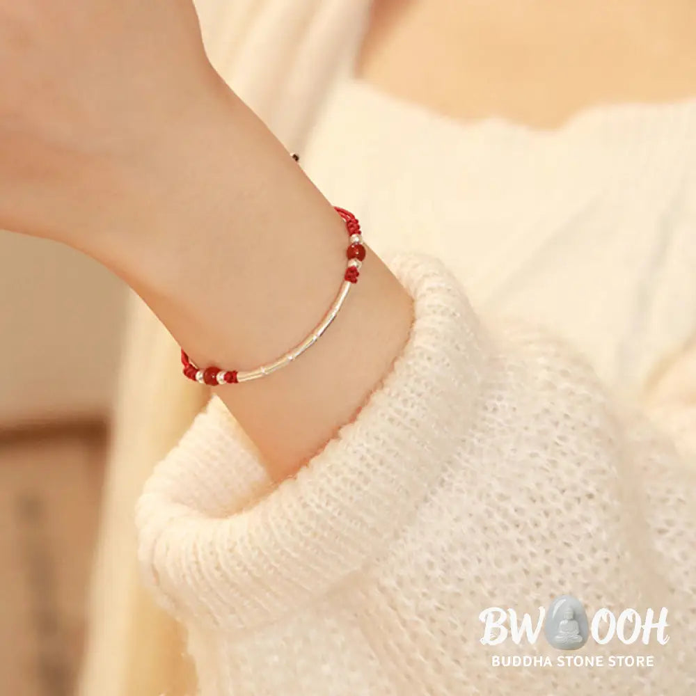Buddha Stones 925 Sterling Silver Bamboo White Agate Red Agate Bead Protection String Braided Bracelet - BWOOOH