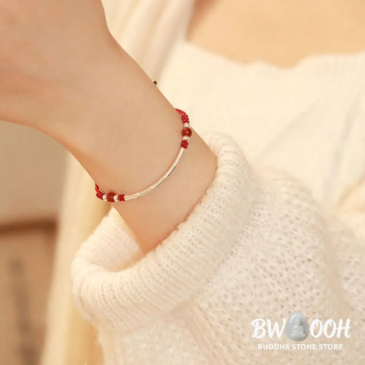 Buddha Stones 925 Sterling Silver Bamboo White Agate Red Agate Bead Protection String Braided Bracelet - BWOOOH