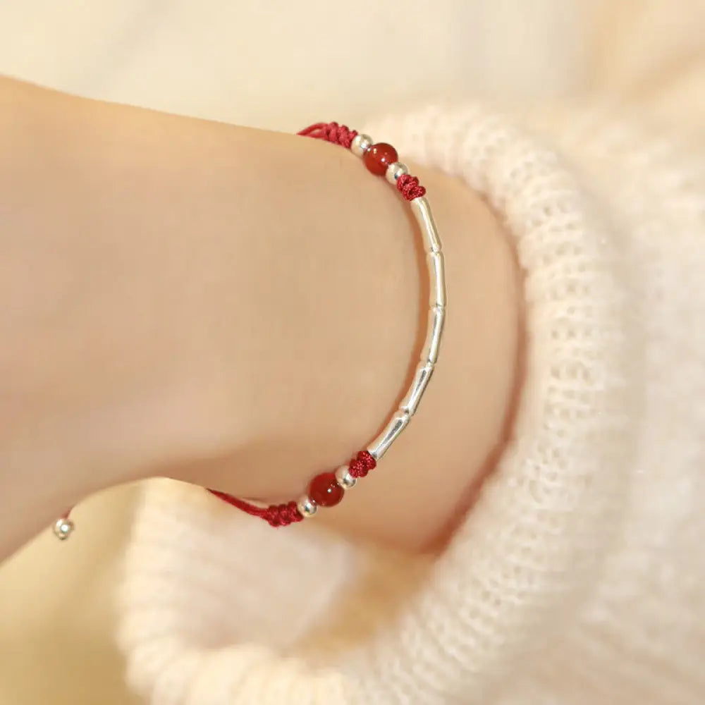 Buddha Stones 925 Sterling Silver Bamboo White Agate Red Agate Bead Protection String Braided Bracelet - BWOOOH - Red