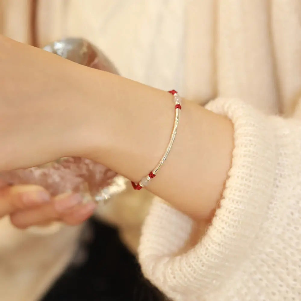 Buddha Stones 925 Sterling Silver Bamboo White Agate Red Agate Bead Protection String Braided Bracelet - BWOOOH - White
