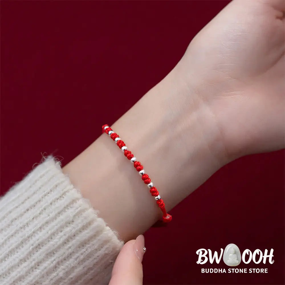 Buddha Stones 925 Sterling Silver Beads Red String Adjustable Luck Bracelet - 925 Sterling Silver(Wrist Circumference: