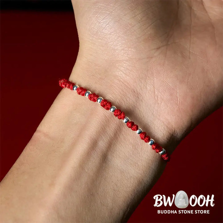 Buddha Stones 925 Sterling Silver Beads Red String Adjustable Luck Bracelet - 925 Sterling Silver(Wrist Circumference: