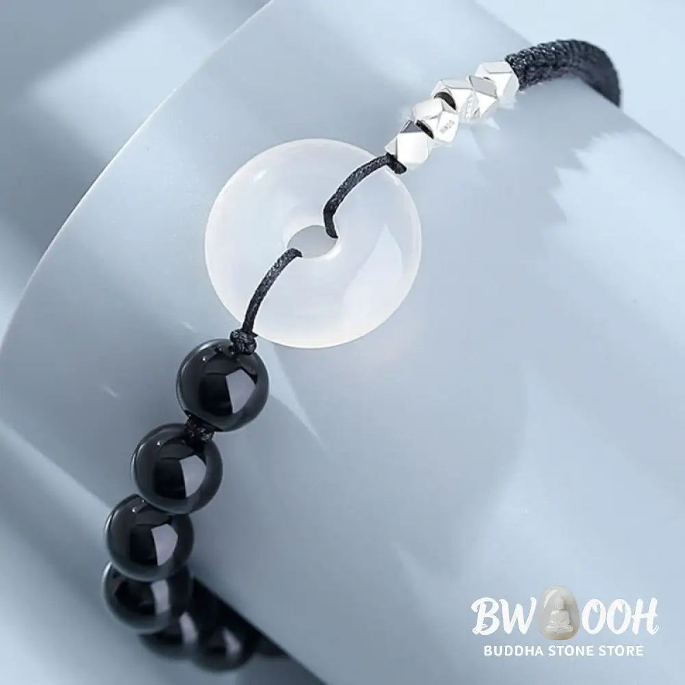 Buddha Stones 925 Sterling Silver Black Obsidian Agate Peace Buckle Strength Bracelet - BWOOOH - Black Obsidian