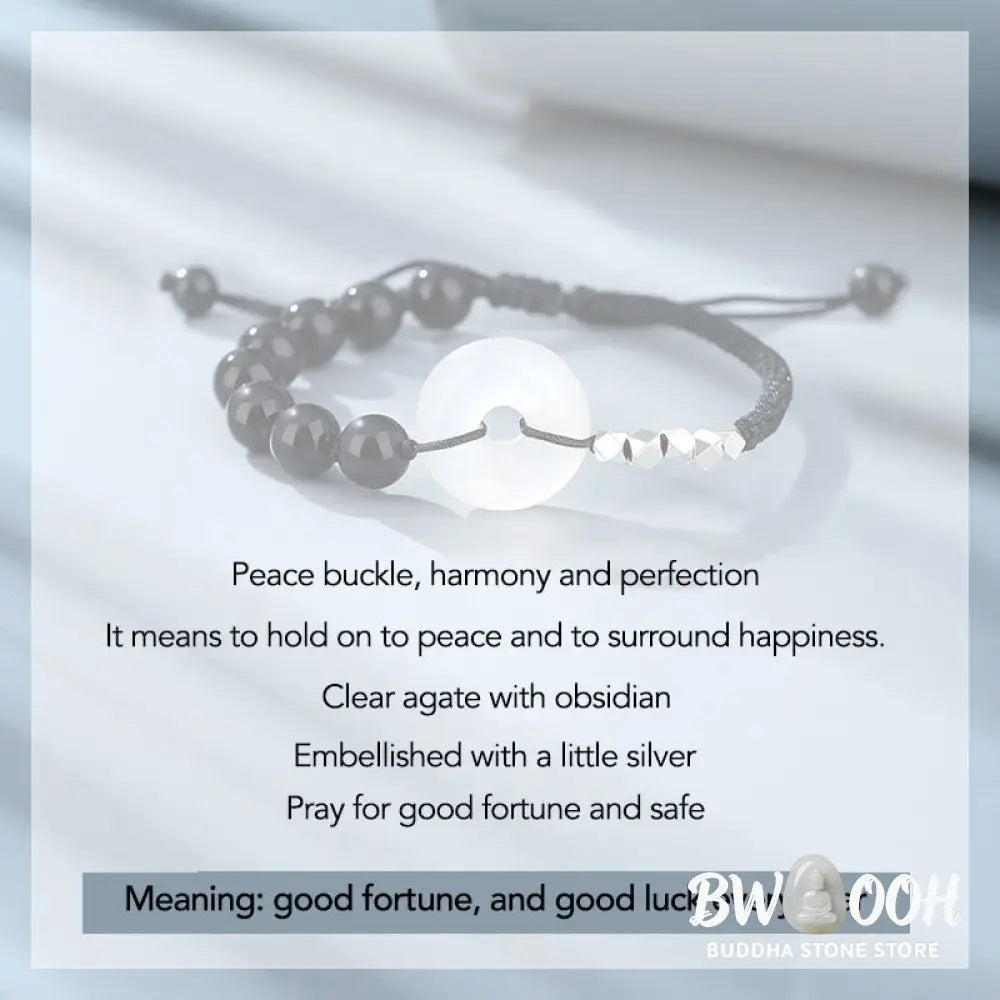 Buddha Stones 925 Sterling Silver Black Obsidian Agate Peace Buckle Strength Bracelet - BWOOOH - Black Obsidian