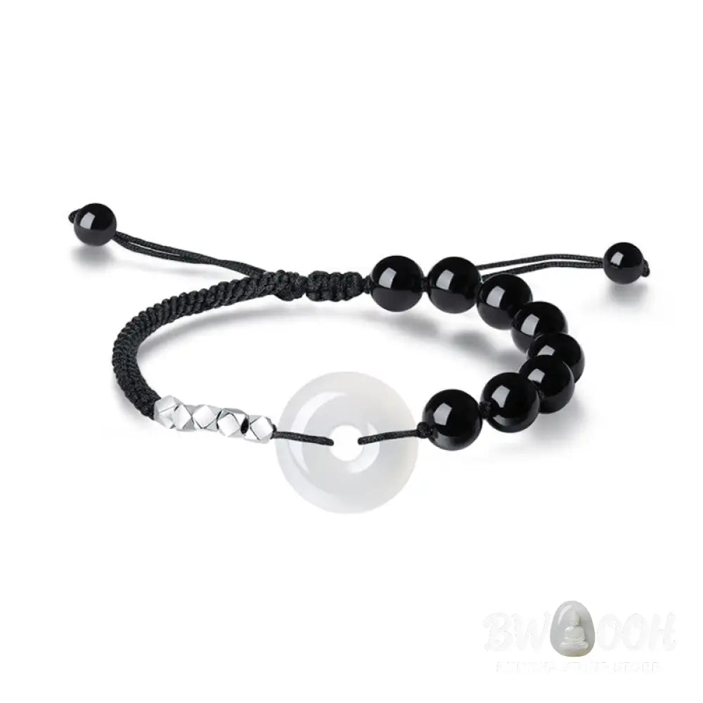 Buddha Stones 925 Sterling Silver Black Obsidian Agate Peace Buckle Strength Bracelet - BWOOOH - Black Obsidian