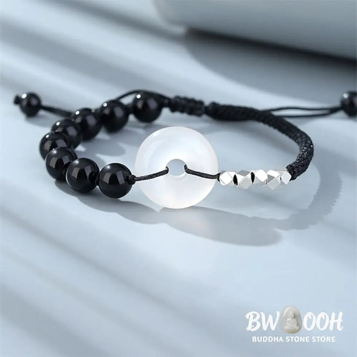 Buddha Stones 925 Sterling Silver Black Obsidian Agate Peace Buckle Strength Bracelet - BWOOOH - Black Obsidian