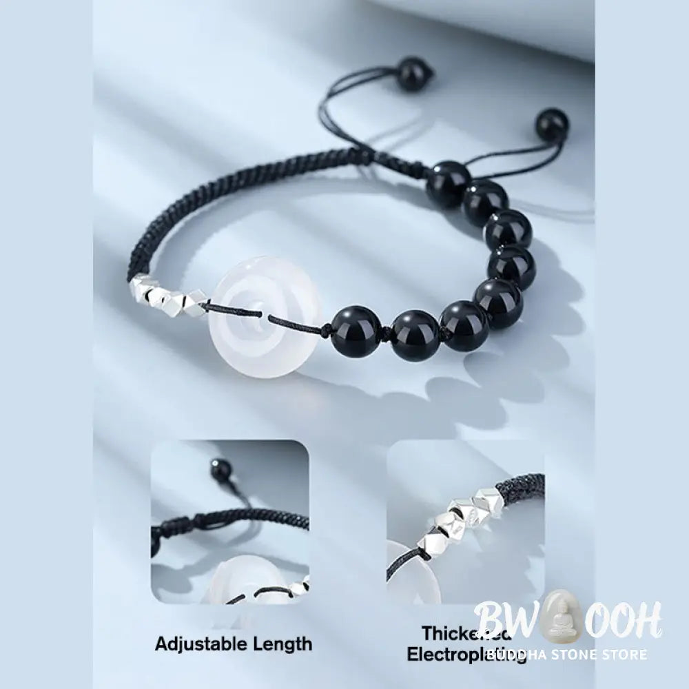 Buddha Stones 925 Sterling Silver Black Obsidian Agate Peace Buckle Strength Bracelet - BWOOOH - Black Obsidian
