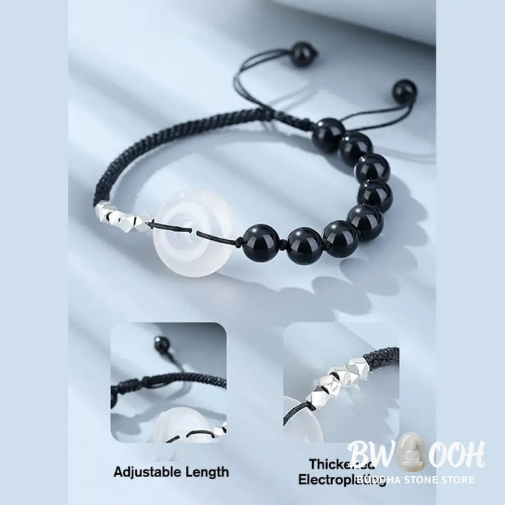 Buddha Stones 925 Sterling Silver Black Obsidian Agate Peace Buckle Strength Bracelet - BWOOOH - Black Obsidian