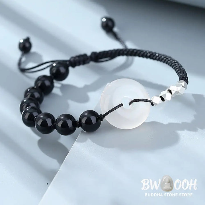Buddha Stones 925 Sterling Silver Black Obsidian Agate Peace Buckle Strength Bracelet - BWOOOH - Black Obsidian