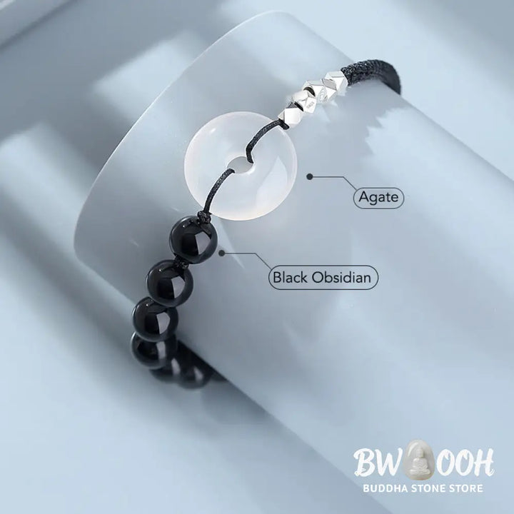 Buddha Stones 925 Sterling Silver Black Obsidian Agate Peace Buckle Strength Bracelet - BWOOOH - Black Obsidian