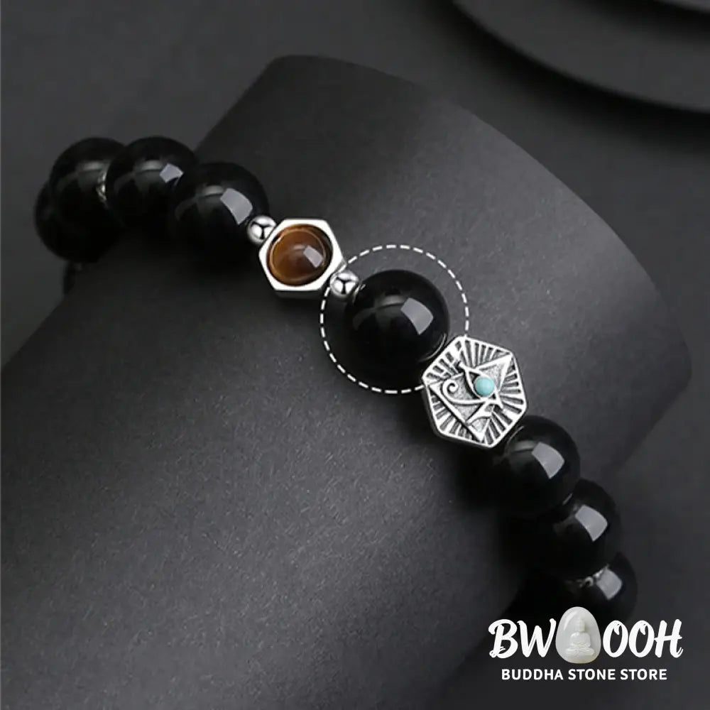 BWOOOH 925 Sterling Silver Black Obsidian Tiger Eye Eye of Providence Purification Bracelet - Black