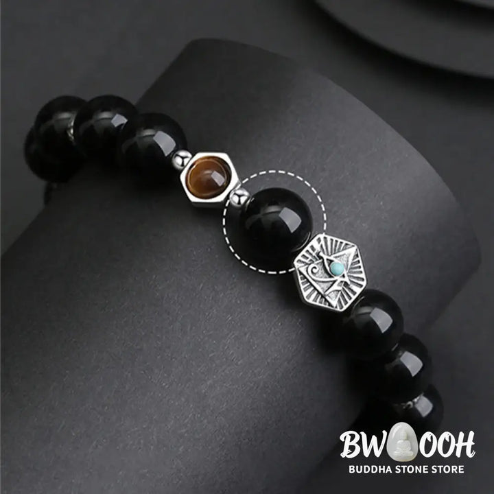 BWOOOH 925 Sterling Silver Black Obsidian Tiger Eye Eye of Providence Purification Bracelet - Black