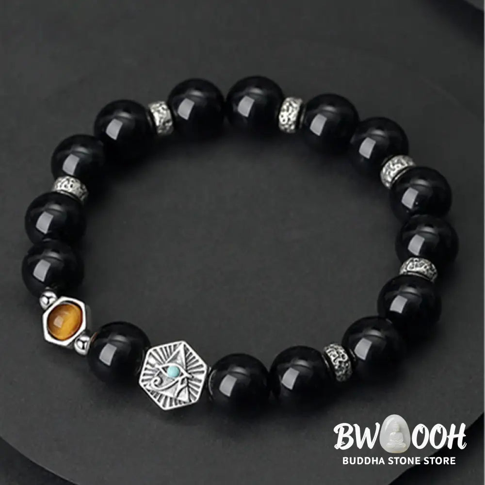 BWOOOH 925 Sterling Silver Black Obsidian Tiger Eye Eye of Providence Purification Bracelet - Black