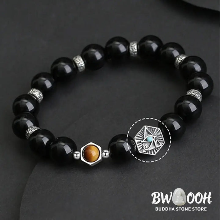 BWOOOH 925 Sterling Silver Black Obsidian Tiger Eye Eye of Providence Purification Bracelet - Black