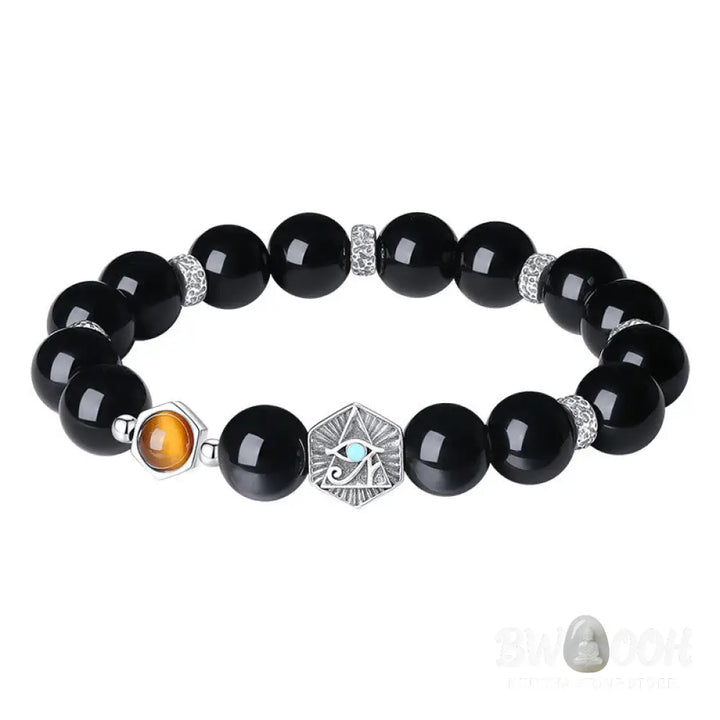 BWOOOH 925 Sterling Silver Black Obsidian Tiger Eye Eye of Providence Purification Bracelet - Black