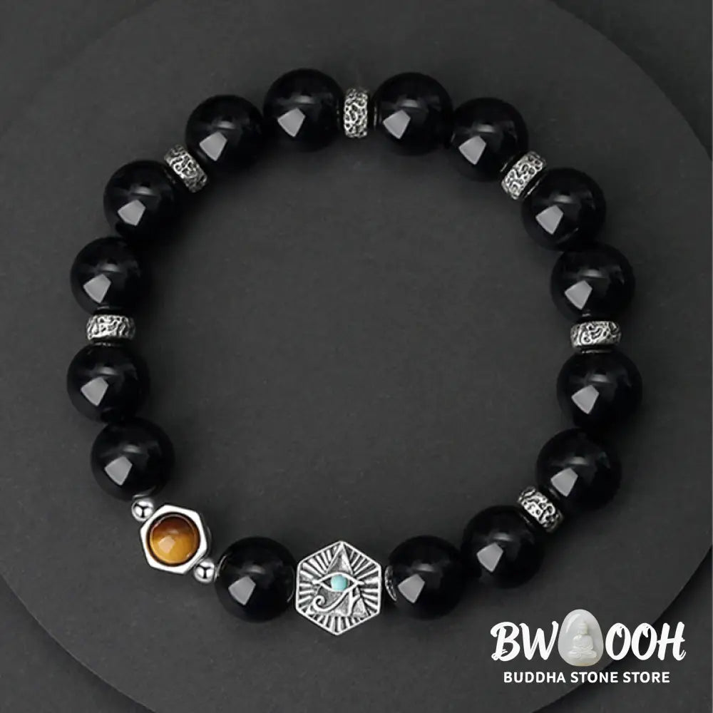 BWOOOH 925 Sterling Silver Black Obsidian Tiger Eye Eye of Providence Purification Bracelet - Black