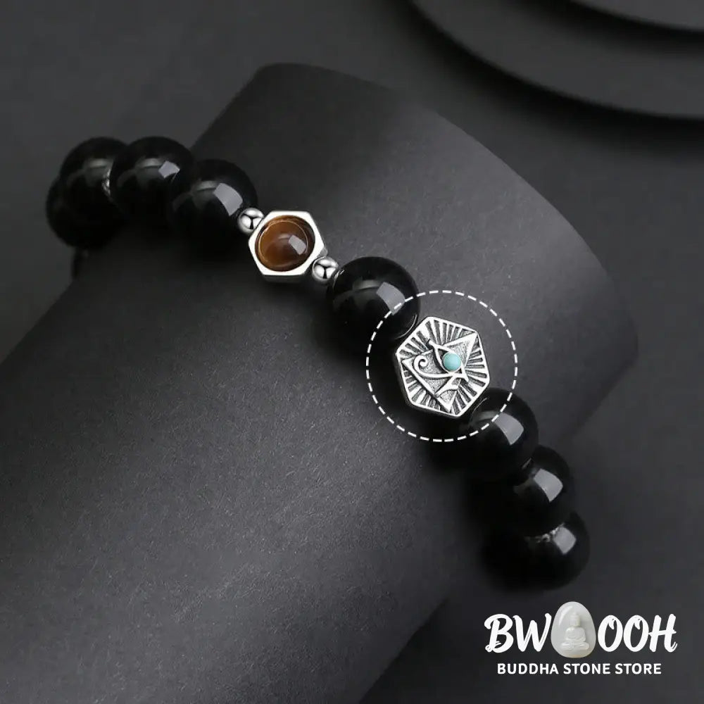 BWOOOH 925 Sterling Silver Black Obsidian Tiger Eye Eye of Providence Purification Bracelet - Black