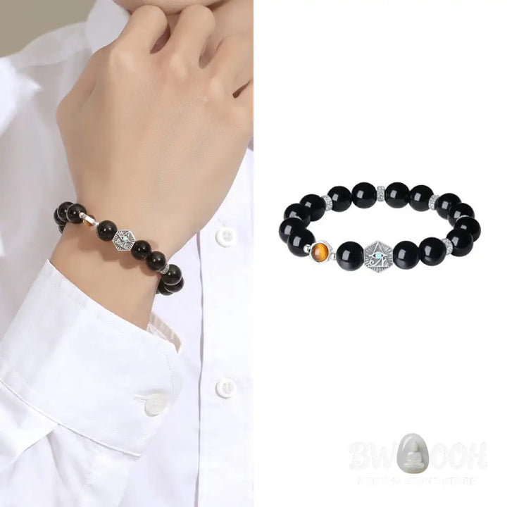 BWOOOH 925 Sterling Silver Black Obsidian Tiger Eye Eye of Providence Purification Bracelet - Black
