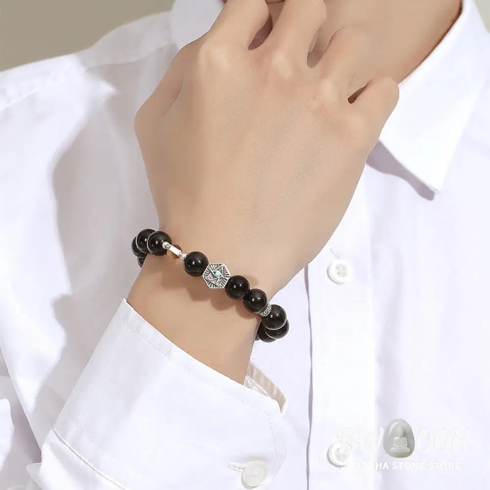 BWOOOH 925 Sterling Silver Black Obsidian Tiger Eye Eye of Providence Purification Bracelet - Black