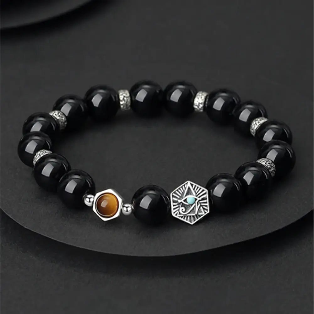 BWOOOH 925 Sterling Silver Black Obsidian Tiger Eye Eye of Providence Purification Bracelet featuring Drolma-inspired design elements for meditation and mindfulness.