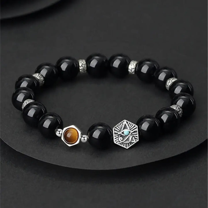 BWOOOH 925 Sterling Silver Black Obsidian Tiger Eye Eye of Providence Purification Bracelet featuring Drolma-inspired design elements for meditation and mindfulness.