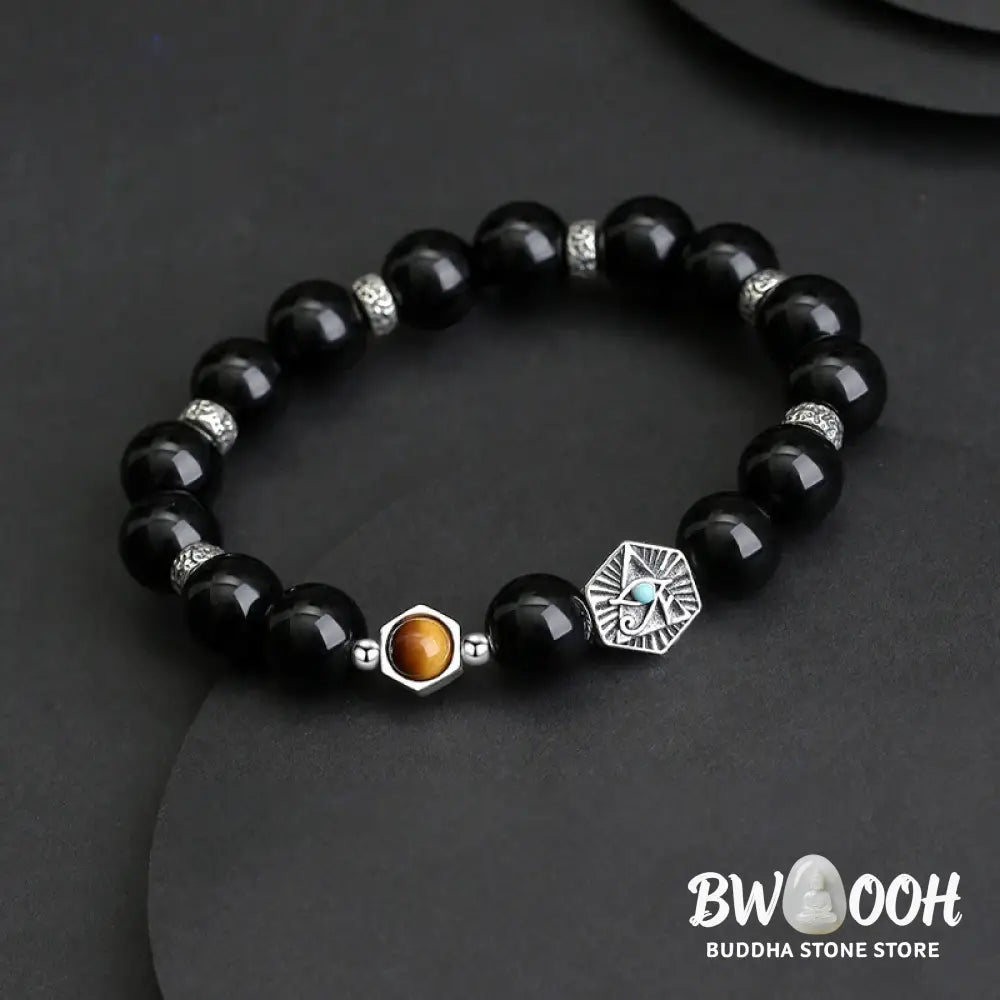 BWOOOH 925 Sterling Silver Black Obsidian Tiger Eye Eye of Providence Purification Bracelet - Black
