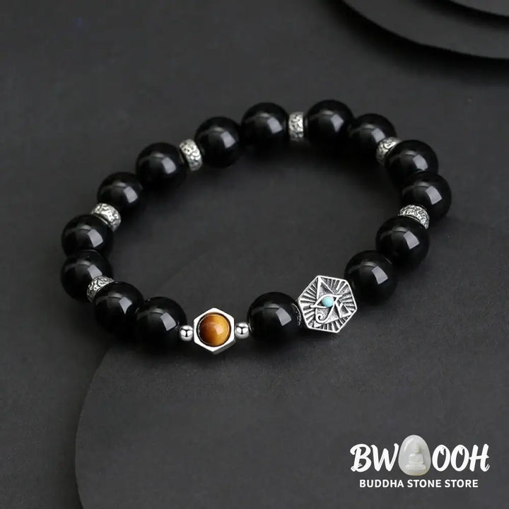 BWOOOH 925 Sterling Silver Black Obsidian Tiger Eye Eye of Providence Purification Bracelet - Black