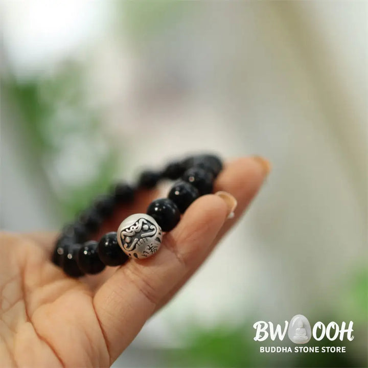 BWOOOH 925 Sterling Silver Black Onyx Bead Character Engraved Protection Bracelet - Black