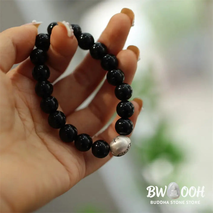 BWOOOH 925 Sterling Silver Black Onyx Bead Character Engraved Protection Bracelet - Black