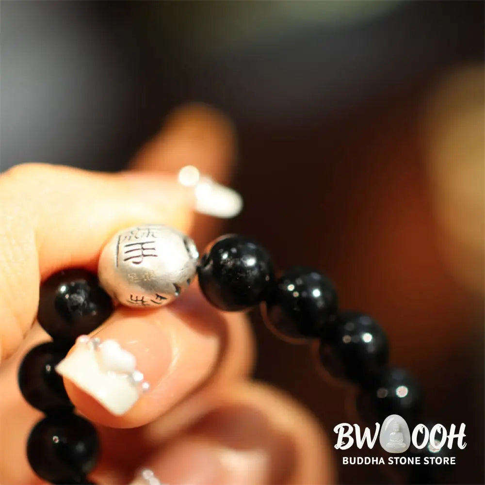 BWOOOH 925 Sterling Silver Black Onyx Bead Character Engraved Protection Bracelet - Black
