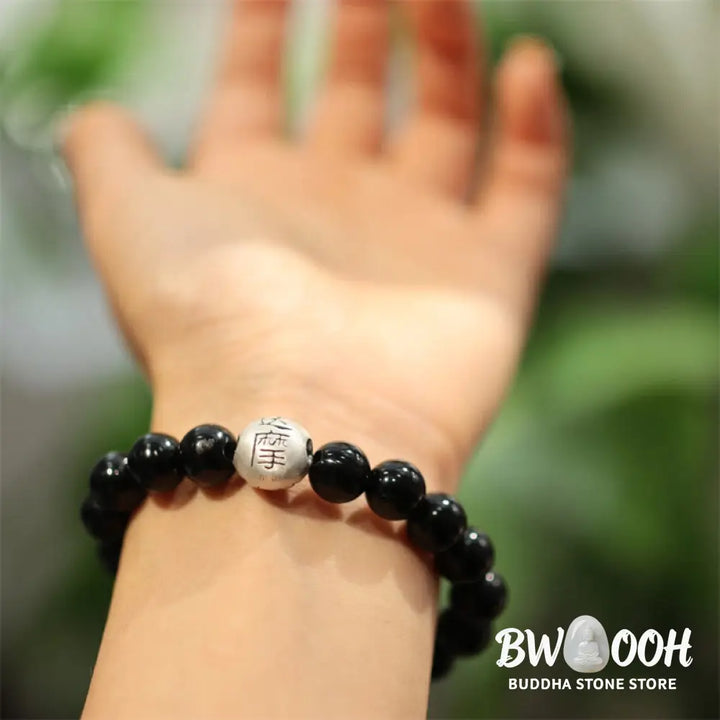 BWOOOH 925 Sterling Silver Black Onyx Bead Character Engraved Protection Bracelet - Black