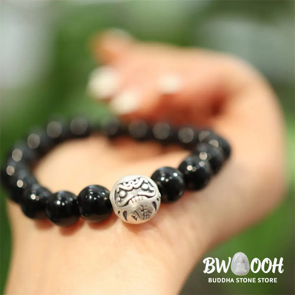 BWOOOH 925 Sterling Silver Black Onyx Bead Character Engraved Protection Bracelet - Black