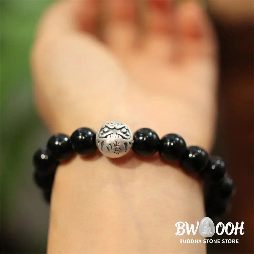 BWOOOH 925 Sterling Silver Black Onyx Bead Character Engraved Protection Bracelet - Black