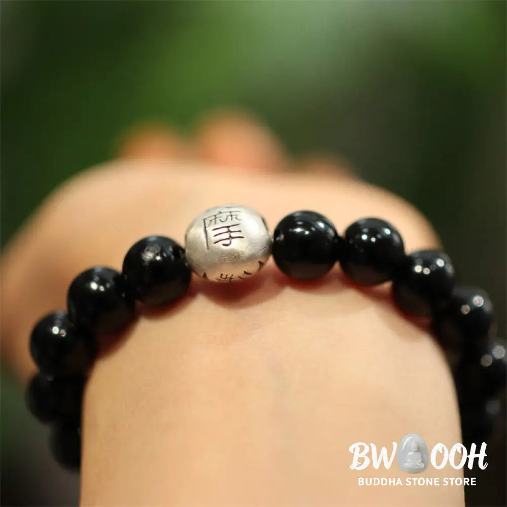 BWOOOH 925 Sterling Silver Black Onyx Bead Character Engraved Protection Bracelet - Black