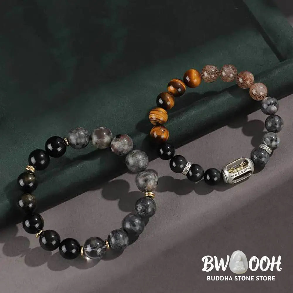 Buddha Stones 925 Sterling Silver Black Onyx Gold Sheen Obsidian Lava Rock Tiger Eye Six True Words Wealth Protection