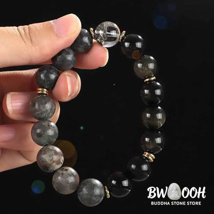 Buddha Stones 925 Sterling Silver Black Onyx Gold Sheen Obsidian Lava Rock Tiger Eye Six True Words Wealth Protection