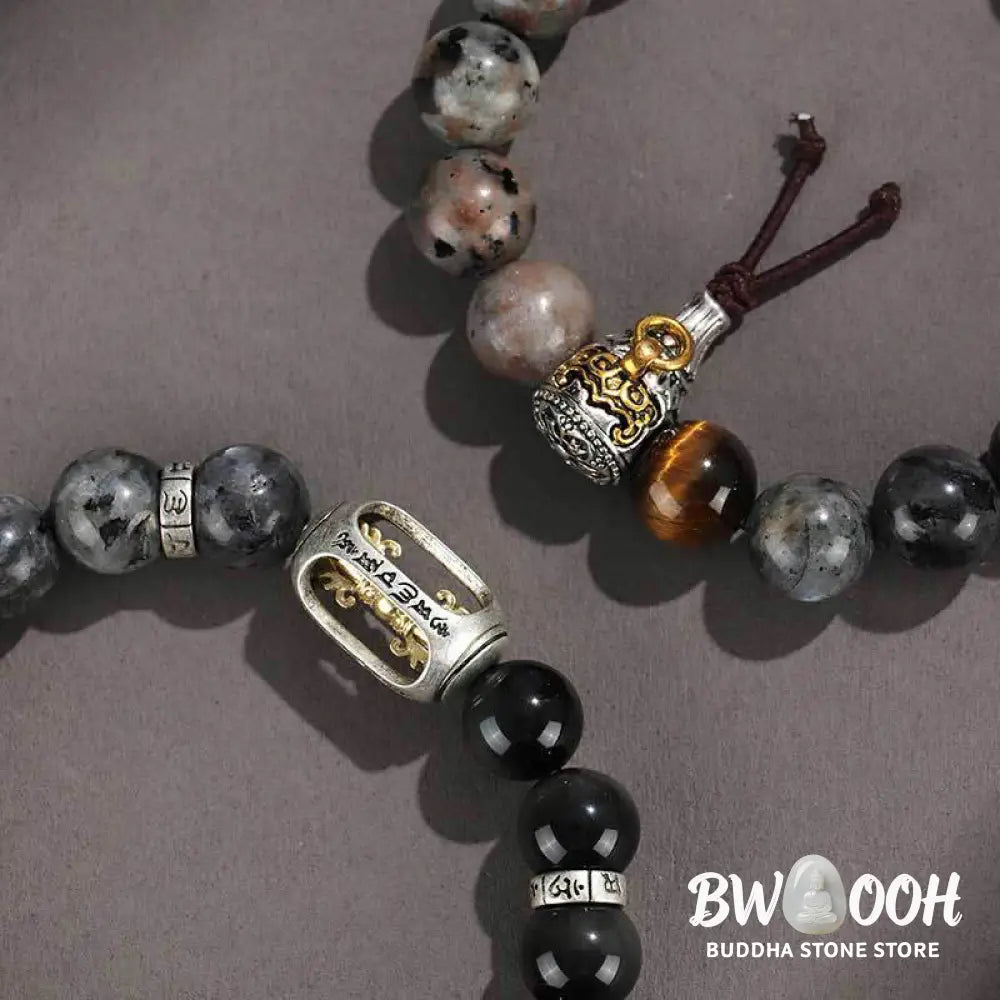Buddha Stones 925 Sterling Silver Black Onyx Gold Sheen Obsidian Lava Rock Tiger Eye Six True Words Wealth Protection
