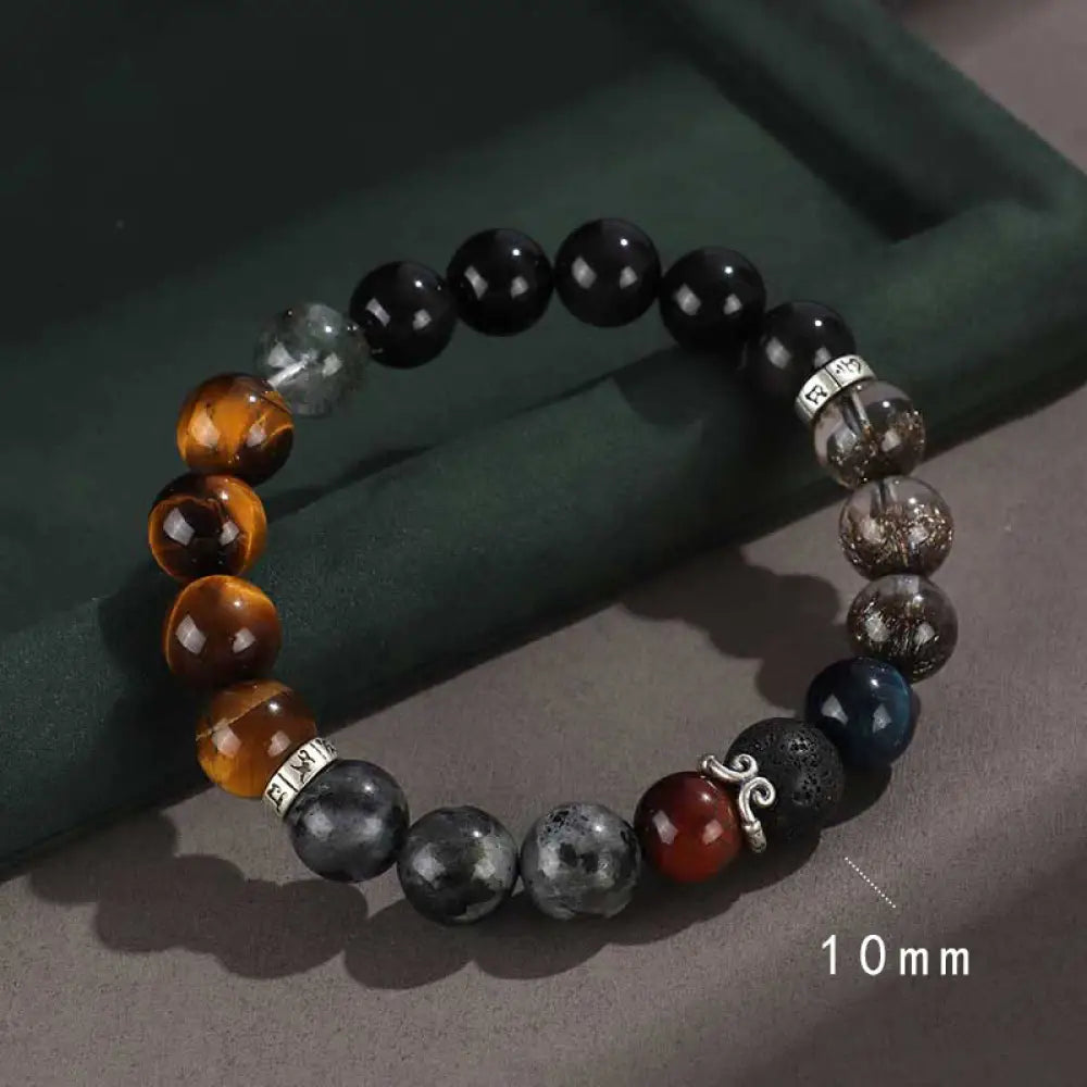 Buddha Stones 925 Sterling Silver Black Onyx Gold Sheen Obsidian Lava Rock Tiger Eye Six True Words Wealth Protection