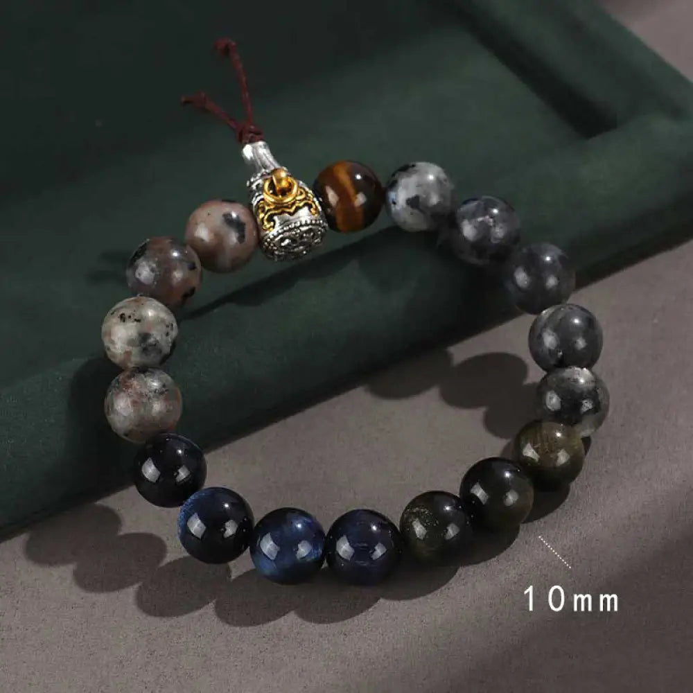 Buddha Stones 925 Sterling Silver Black Onyx Gold Sheen Obsidian Lava Rock Tiger Eye Six True Words Wealth Protection