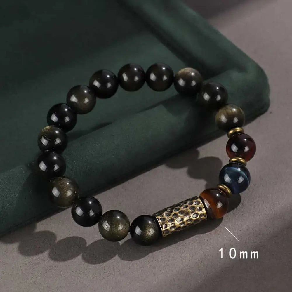 Buddha Stones 925 Sterling Silver Black Onyx Gold Sheen Obsidian Lava Rock Tiger Eye Six True Words Wealth Protection