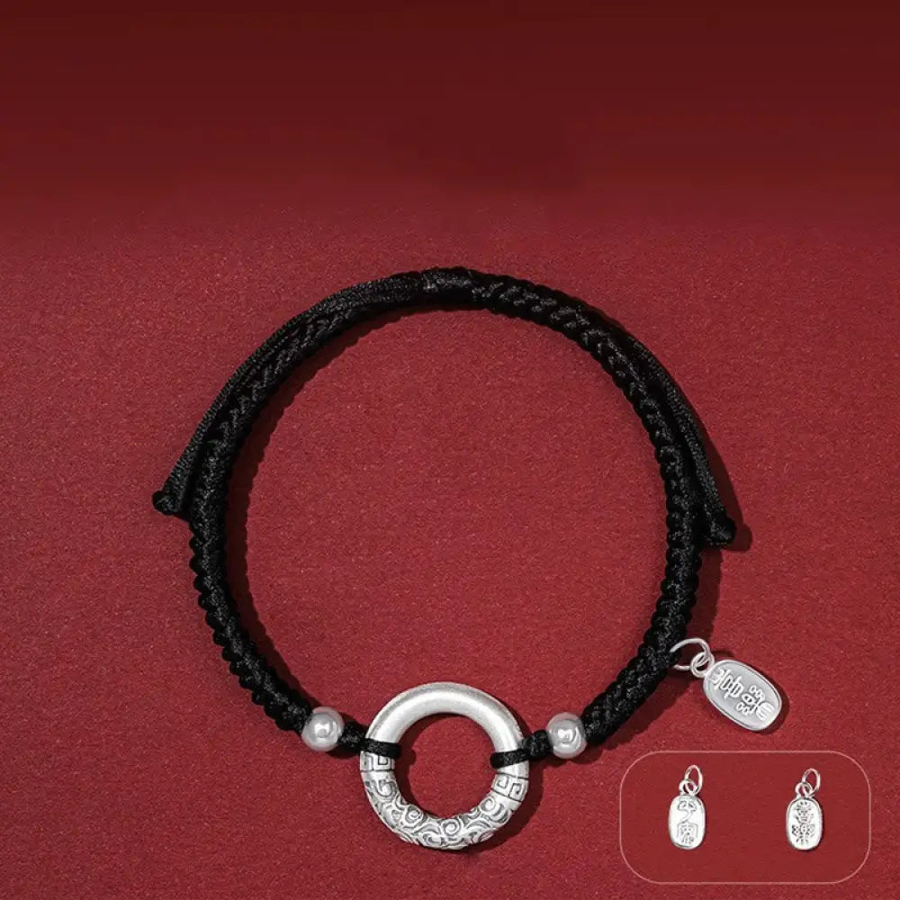 Buddha Stones 925 Sterling Silver Black Onyx Peace Buckle Fu Character Charm Bracelet - BWOOOH - Peace Buckle&amp;Silver